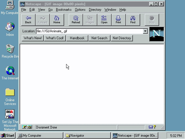 Netscape 2 running in Windows 95, rendering the red-square GIF from earlier with no red square artifacts visible.