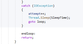Code with goto statements, broad exception catching, and sleeping the main thread