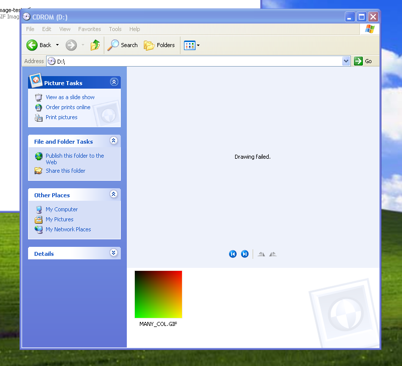 Windows XP, almost rendering a static colourful GIF correctly. The thumbnail view of the image is correct, but the full view just reports 'Drawing Failed'.
